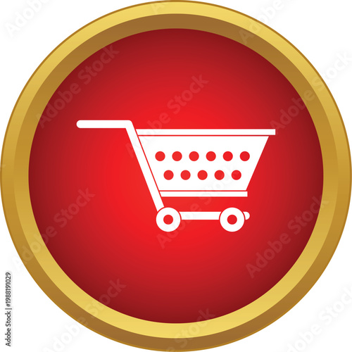 Shopping cart icon on a red background with a gold border representing consumerism and buying
