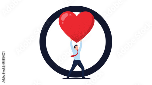 Businessman standing inside a black circle and holding a massive red heart above his head in a conceptual symbol of love and passion.
