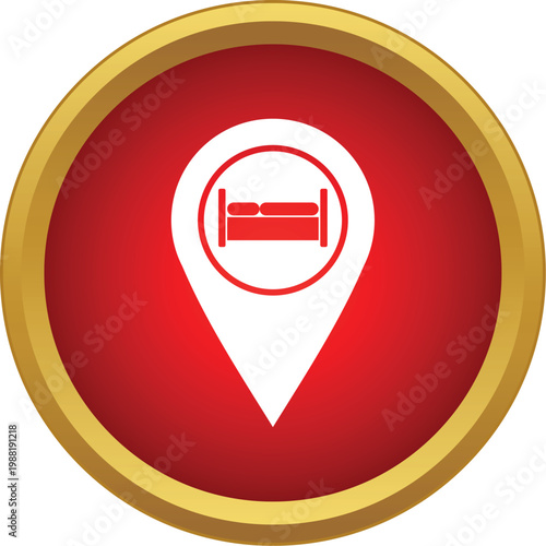 Red map pointer icon highlighting a bed as a lodging destination