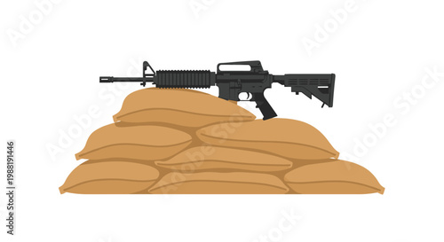 A matte black assault rifle sits prominently atop a large triangular stack of tan sandbags within a minimalist and clean white studio environment setting.