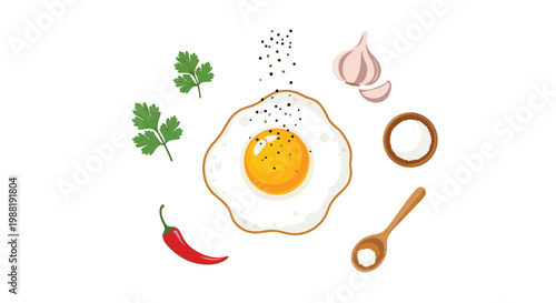 Fresh culinary ingredients including a perfectly fried egg with a bright yellow yolk are arranged neatly with green parsley and a spicy red chili pepper.