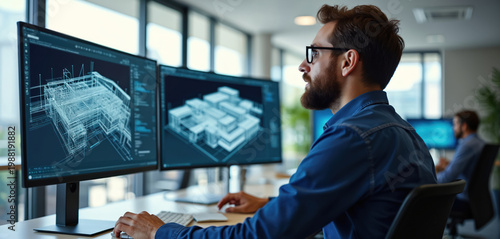Man works on computer using BIM software to design building systems. Digital model shows structure. Engineer plans HVAC and ventilation for modern project.