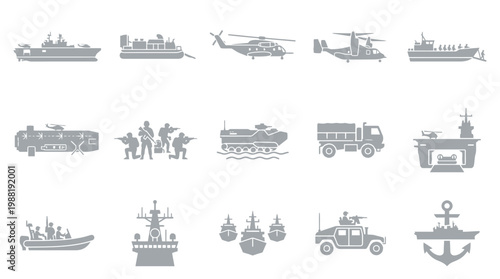 Collection of military vehicles and equipment icons including ships, helicopters, trucks, and personnel.