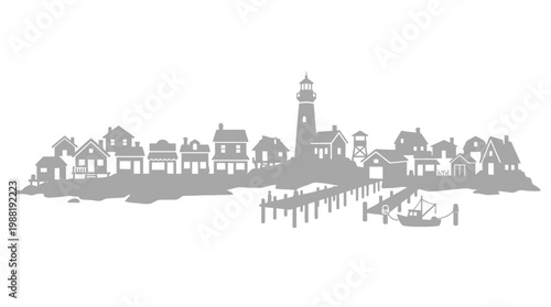 Silhouette of a charming coastal village with a prominent lighthouse and fishing boats docked at the pier.