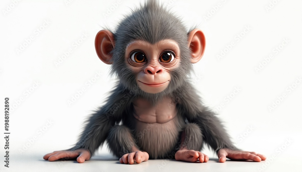 Fototapeta premium Small baby monkey sits on white background. Cute primate with big brown eyes and fluffy grey fur looks directly forward. Adorable primate kid poses innocently.