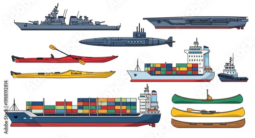 Collection of Various Watercraft and Boats Illustration.