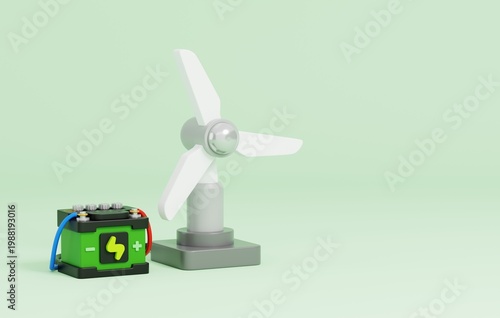 3D Wind turbine with battery storage icon for clean green energy power isolated on green background