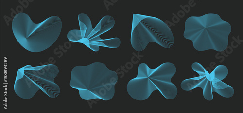 Vector set of line echo flows. Digital sound flowers. Abstract organic dynamic shapes collection.