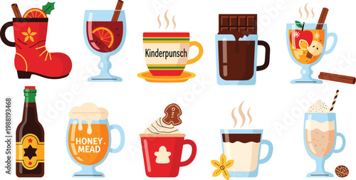 Festive Winter Beverage Collection with Hot Chocolate Mulled Wine and Honey Mead Isolated on White