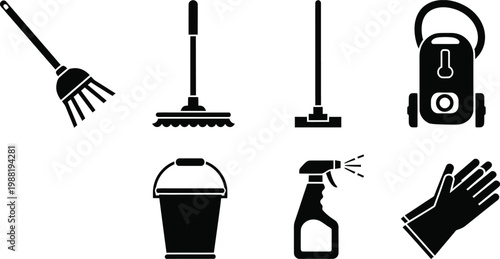 Cleaning tools collection isolated on transparent background a black silhouette set
