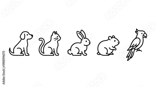 Pet animals icons set featuring dog cat rabbit hamster parrot in a minimalist line art style perfect for various design projects and veterinary concepts.