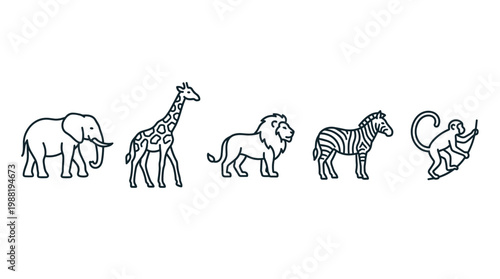 African safari animals outline illustrations collection featuring elephant, giraffe, lion, zebra, and monkey in a simple graphic style.