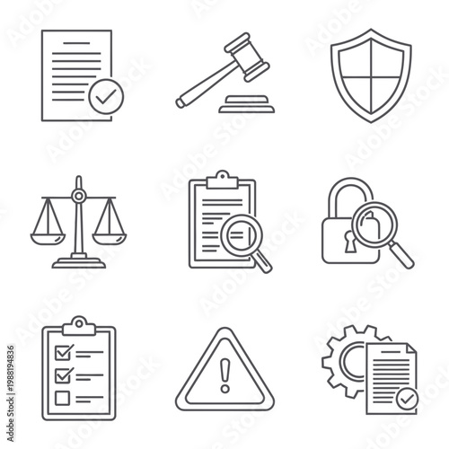 Law and justice icons with scales, magnifying gla