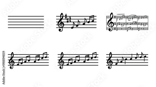Musical notation elements and symbols arranged on staves, illustrating various aspects of music theory and composition, including notes, clefs, and time signatures.
