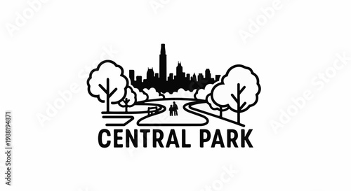 A minimalist graphic depicts a park pathway leading to a city skyline