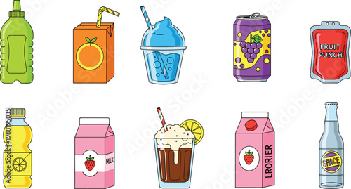 Global Soft Drink Collection with Fruit Juice Boxes Soda Cans Milk Cartons and Space Soda Isolated on White