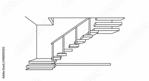 A linear sketch of a modern floating staircase with a railing