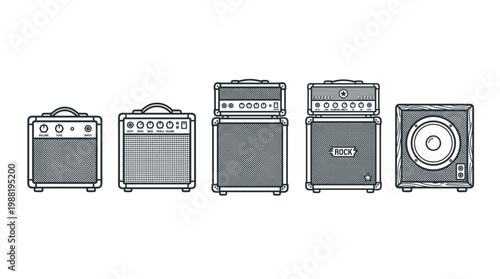 Various musical instrument amplifiers and speaker cabinets depicted in a modern outline illustration, showcasing essential equipment for live performances and studio recordings.