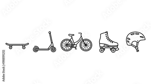 Skateboard scooter bicycle roller skate helmet and other personal mobility equipment icons presented as simple line art illustrations.