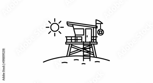 A minimalist line drawing of a lifeguard tower on a sunny beach
