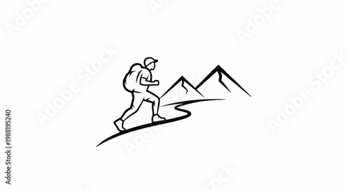 Hiker with backpack ascends winding path toward majestic mountains