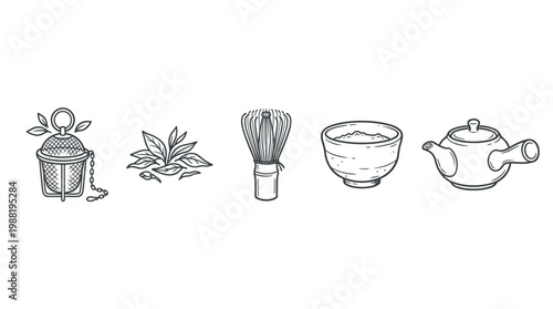 Tea ceremony accessories and ingredients are depicted in a charming hand-drawn outline style, showcasing traditional elements for brewing and enjoying hot beverages.