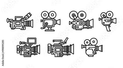 Video cameras and film camcorders collection of outline icons representing various recording devices for cinema, television, and digital media production.