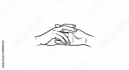 Line drawing of intertwined hands resting against a white background