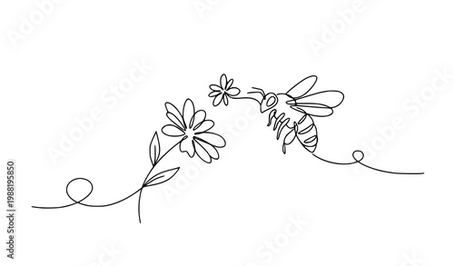 Honey bee flower continuous line art vector minimalist nature insect pollination outline design