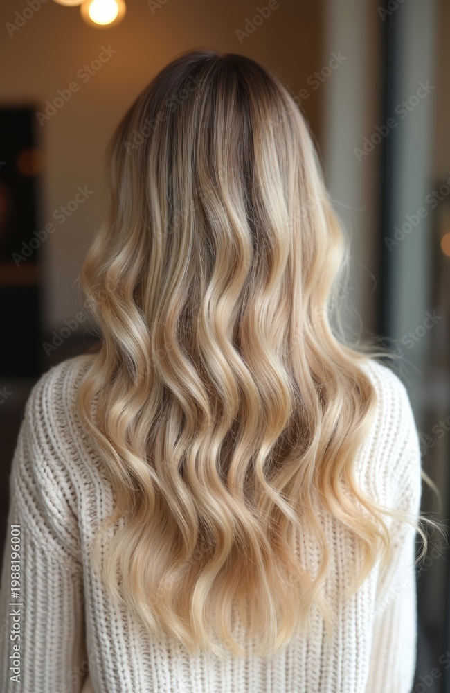 Naklejka premium Woman with long wavy blonde hair and highlights wears cozy knit sweater. Back view shows healthy voluminous styled hair. Beauty salon concept.