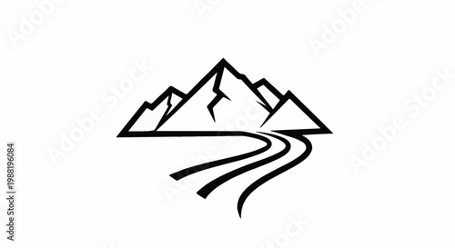 Stylized black and white graphic of mountains with a winding road leading away