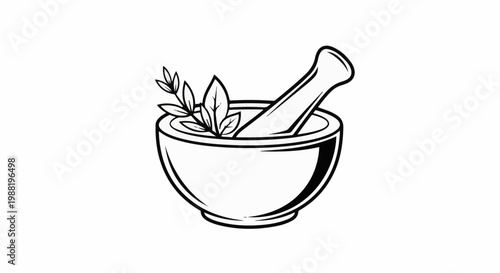 Black and white illustration of a mortar and pestle with leaves