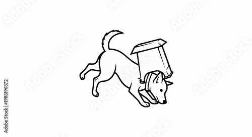 Cartoon outline of a dog with a box on its head and collar