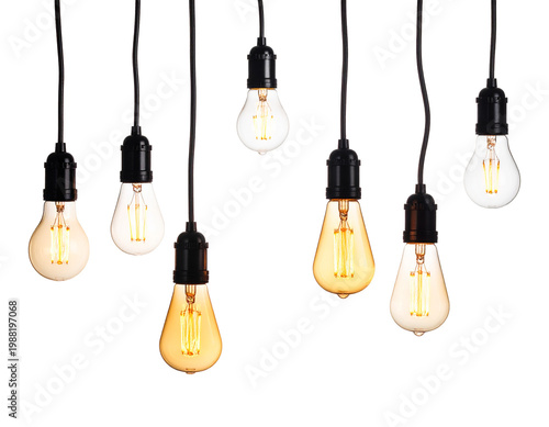 light bulbs hanging on black electrical cable isolated on transparent background