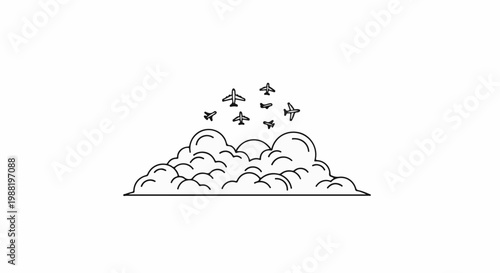 Simple line drawing of a formation of airplanes flying above clouds