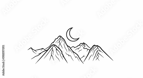 Minimalist outline of jagged mountain peaks under a crescent moon