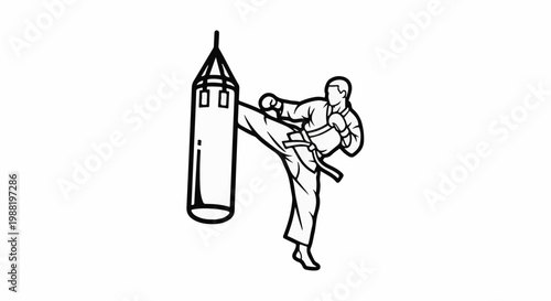 Martial artist in mid-air kick on punching bag