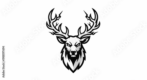 Fierce stag head with elaborate antlers, black and white graphic art