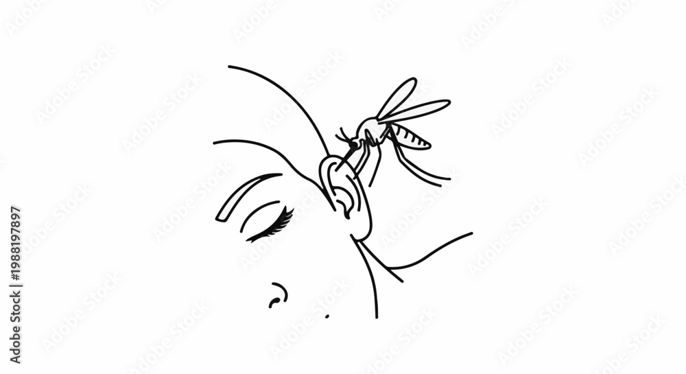 Obraz premium Line art of a mosquito biting a person's ear with closed eyes