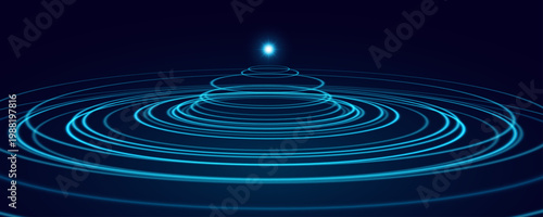 Futuristic glowing blue concentric rings with levitating central core on a dark background for technology backdrop. Energy waves with pulses in motion for digital interfaces. Vector illustration.