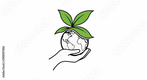 Hand cradling Earth with sprouting leaves