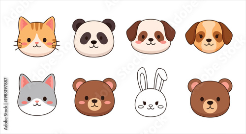 Cute Animal Faces Vector Icon Set - Kawaii Cartoon Style