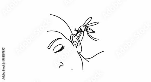 Line art of a mosquito biting a person's ear with closed eyes