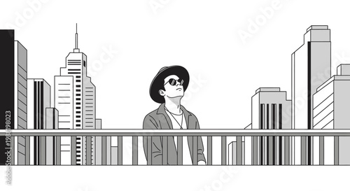 Man in hat and sunglasses looking up at modern city skyline, minimalist black and white illustration