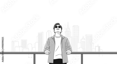 Young man in sunglasses looking up at a hazy city skyline, representing ambition and urban dreams