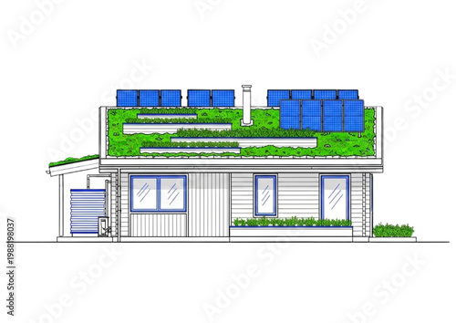 Modern House Design with Green Roof and Solar Panels for Sustainable Living