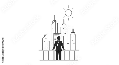 Businessman looking at a modern city skyline with sun shining, symbolizing ambition and success in business