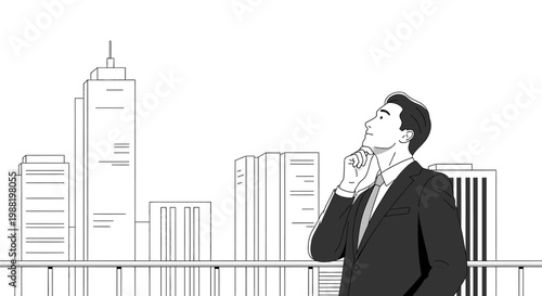 A businessman in a suit stands thoughtfully looking up at a city skyline with modern buildings and skyscrapers.