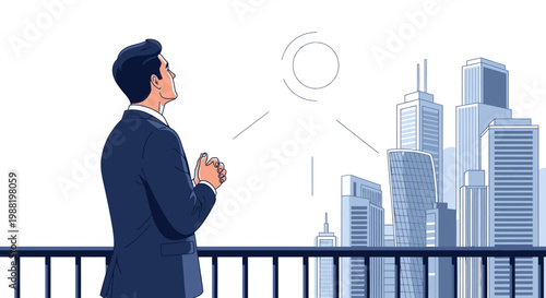 Businessman looking at modern city skyline, contemplating future, success, and opportunities