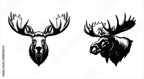 Moose Head Silhouette Illustrations on a White Background